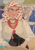 Kroatin mit Huhn by Carl Moser, 1928, color woodcut, sold Sep 2014