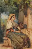 Sitzende Italienerin am Brunnen by François Bocion, watercolor, offered Sep 2014