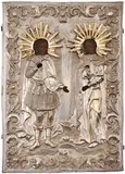 Russisch, Anfang 19.Jh by Erzengel Michael und Gabriel mit Silberoklad, tempera, sold Sep 2014