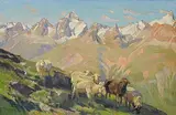 Schafherde auf der Alp, vor Bergpanorama by Hodel, Ernst Ii., oil on canvas, sold Sep 2014
