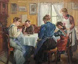 Bei der Handarbeit in der guten Stube by Hodel, Ernst Ii., oil on board, offered Sep 2014