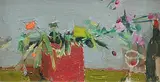 Stillleben mit Blumen, einer Flasche Wein und Weinglas, 1965 by Rudolf Zender, oil, sold Sep 2014