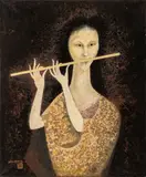 Flute Player by Naondo Nakamura, Gouache on Paper laid to Canvas, sold Jun 2025