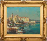 Mediterranean Harbor Scene by Maurice Barle, 1950s, Oil on Canvas, sold Jun 2025
