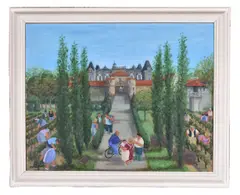 A crowd picking grapes at the gates of a chateau by Margaret Loxton, Acrylic on board, sold Jun 2019