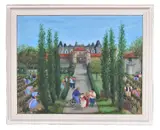 A crowd picking grapes at the gates of a chateau by Margaret Loxton, Acrylic on board, sold Jun 2019
