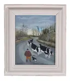 A farmer and dog driving cows on a road by Margaret Loxton, Acrylic on board, sold Jun 2019