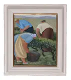 The grape pickers Acrylic on board Signed lower left 40 x 34cm (15½ x 13¼ in.) λ Indicates that this lot may be subject to Droit de Suite royalty charges by Margaret Loxton, Acrylic on board, sold Jun 2019