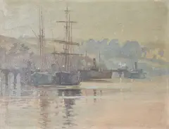 Ships by a jetty Oil on canvas Signed lower left 27 x 35.5cm (10½ x 13¾ in.) Unframed by Herbert Kerr Rooke, Oil on canvas, sold Jun 2019