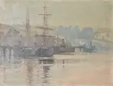 Ships by a jetty Oil on canvas Signed lower left 27 x 35.5cm (10½ x 13¾ in.) Unframed by Herbert Kerr Rooke, Oil on canvas, sold Jun 2019