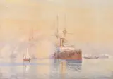 Royal Yacht Britannia bringing Queen Victoria’s coffin from the Isle of Wight to Portsmouth Watercolour Signed lower right 49 x 70.5cm (19¼ x 27¾ in.) by Herbert Kerr Rooke, Watercolour, sold Jun 2019
