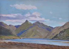 Highland view over a loch Bodycolour Signed lower left 34 x 48.5cm (13¼ x 19 in.) Possibly a view of Knoydart by Frank Wallace, watercolor, sold Jun 2019