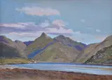 Highland view over a loch Bodycolour Signed lower left 34 x 48.5cm (13¼ x 19 in.) Possibly a view of Knoydart by Frank Wallace, watercolor, sold Jun 2019