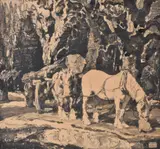 Penning sheep at Brede in Sussex; Lumber horses Watercolour, charcoal and pencil; Charcoal by John Edwin Noble, Charcoal, watercolour and ink, respectively Each signed lower right, offered Jun 2019