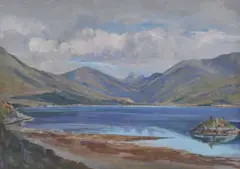 Highland view over a loch Bodycolour and watercolour Signed lower left 34 x 48cm (13¼ x 18¾ in.) by Frank Wallace, watercolour, sold Jun 2019