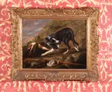A hound with a rabbit and a musket in a landscape by Jan Fyt, Oil on oak panel, offered May 2019