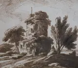 Italian landscape with ruined temple and figurespen and brown ink on by Richard Cooper Jnr., ink on paper, sold Jun 2021