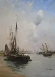 Boats moored on the river above Rouenoil on canvassigned72 by Charles Lapostolet, oil on canvas, sold Jun 2021