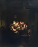 Figures around a table, under lamplight Oil on canvas 80 x 60 cm by Johannes Rosierse, Oil on canvas, sold Jun 2021