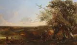 Extensive landscape with figures in woodland and coming home from the fields oil on canvas signed and dated 1850 55 x 93cm by Frank Richard Lee, 1850, oil on canvas, sold Jun 2021
