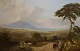 Extensive landscape with harvesters at rest, cattle drover and coastal scene beyond oil on canvas signed 75 x 116cm by James Peel, oil on canvas, sold Jun 2021
