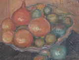 Still life of fruit and onions in a bowloil by Vladimir Polunin, 1929, oil on canvas board, sold Jun 2021