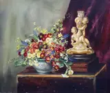 Still Life of flowers in a bowl and a porcelain candlestickOil on by Cecil Kennedy, Oil on canvas, sold Jun 2021