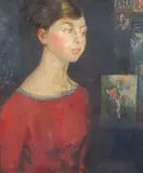 Portrait of a young lady with religious imagery beyondoil on by Marian Kratochwil, 1954, oil on canvas, sold Jun 2021