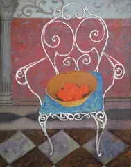 Still life of oranges upon a wrought iron chairoil on by Ernest Neuschul, oil on canvas, sold Jun 2021