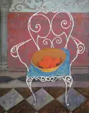 Still life of oranges upon a wrought iron chairoil on by Ernest Neuschul, oil on canvas, sold Jun 2021