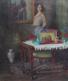 Interior with woman standing beside a tea tableoil on by Frank Spenlove-Spenlove, oil on canvas, sold Jun 2021
