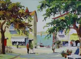 The Café, Cap Ferrat, South of France oil on canvas 42 x 58cm by Cecil Rochfort D'Oyly-John, oil on canvas, sold Jun 2021