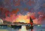Fishing boats in harbour at sunsetoil on canvassigned44 by Cecil Rochfort D'Oyly-John, oil on canvas, sold Jun 2021