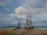Thames Barges, Pinmill, River Orwell oil on canvas signed and inscribed verso 34 x 44cm by Frank Wootton, oil on canvas, sold Jun 2021