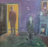 The Visitor, 1990 Oil on board Initialled and dated 90, inscribed verso 122 x 122 cm by Harold Mockford, Oil on board, sold Jun 2021