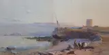 Coastal landscape with fisherfolk at low tide, possibly St Michael’s Mount beyond watercolour signed and dated 1858 71 x 119cm by Samuel Philips Jackson, 1858, watercolour, sold Jun 2021