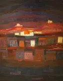 Coastal landscape with fishing boats and cottages, 75 x 61cm by Muriel Rose, oil on board, sold Jun 2021