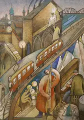 Abstract cafe with band by a flyover by Jiri Borsky, oil on board, sold Jun 2021