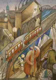 Abstract cafe with band by a flyover by Jiri Borsky, oil on board, sold Jun 2021