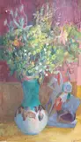 Still life of flowers in a vase with a figure alongside by Edna Ginesi, oil on canvas, sold Jun 2021