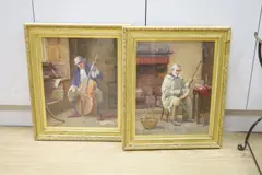 Interiors with cellist and butler by Henry Terry, watercolor, sold Jun 2021