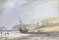 Beached ship and figures on the coast, 51 x 73cm by Copley Fielding, watercolour, sold Jun 2021