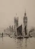 Sail barges before The Houses of Parliament by Rowland Langmaid, etching, offered Jun 2021