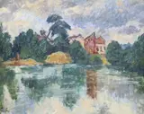 Lake scene by Philip Moysey, oil on board, sold Jun 2021