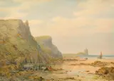 British, A rocky coastal inlet with beached sailing boats and figures on the sand by Charles Brooke Branwhite, watercolour, offered Aug 2022