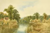 British, An extensive river landscape with a house and cattle at the water's edge, thought to be the Thames near Marsh lock by Wiggs Kinnaird, watercolour, sold Aug 2022