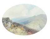A sloping mountainous landscape with heather in flower by Frederick John Widgery, gouache, offered Aug 2022