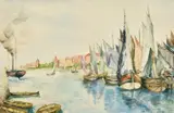 Moored boats drying their sails at a town quay by John Robert Chrichton Helpman, pencil and body, sold Aug 2022