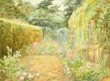 Corner of a garden in full bloom by Sophia Miller, watercolour, sold Aug 2022