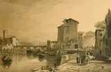 British, The Port of Leghorn, a port scene with multiple figures and a town beyond by Charles Oliver Murray, etching, sold Aug 2022